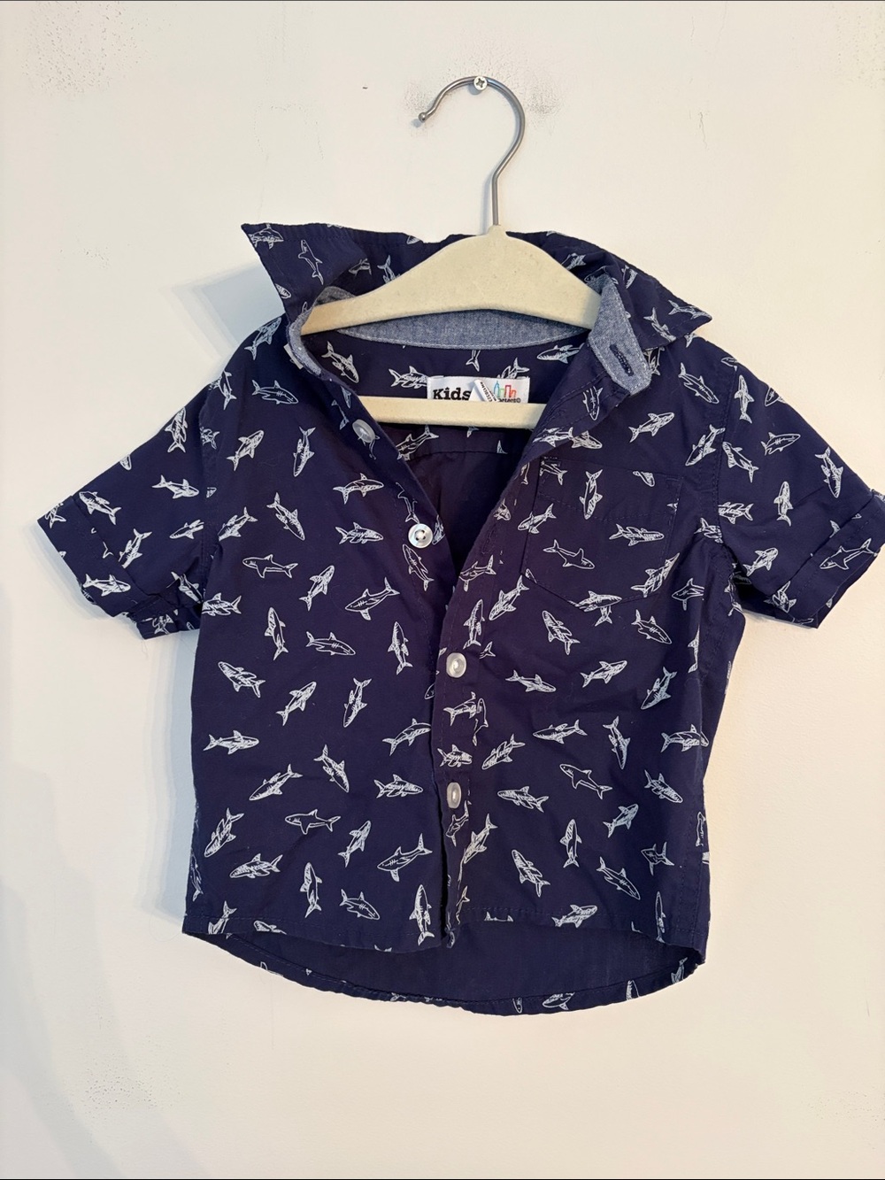Kids Headquarters Navy Shark Pattern Short Sleeve Button Down Size 6/9 Months
